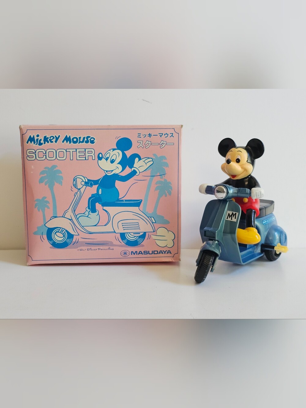 Vintage Mickey Mouse Blue Scooter Wind-up Toy Figure 1982 Masudaya Japan Disney